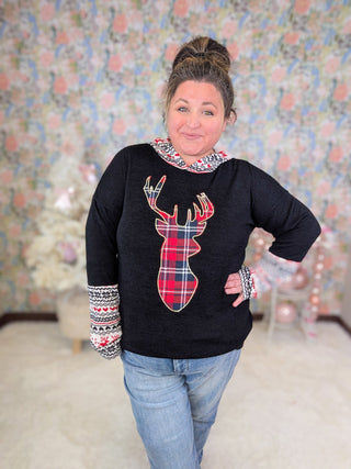 Reindeer Patch Hooded Top in Black-2- Long Sleeve Tops-HEIMISH-Styled by Stacked - A Plus Size Women's Boutique in Lakeville, MN