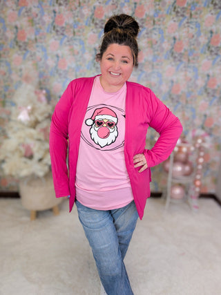 Bubblegum Santa Tee on Pink-6- Graphic Tops-Stacked - A Plus Size Boutique-Styled by Stacked - A Plus Size Women's Boutique in Lakeville, MN