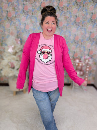 Bubblegum Santa Tee on Pink-6- Graphic Tops-Stacked - A Plus Size Boutique-Styled by Stacked - A Plus Size Women's Boutique in Lakeville, MN