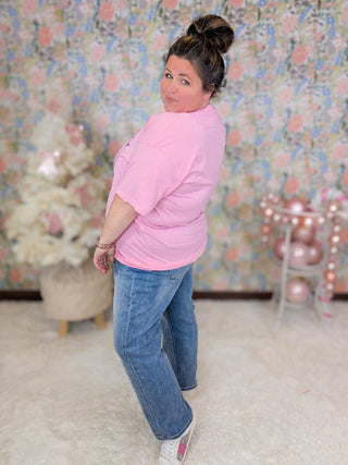 Bubblegum Santa Tee on Pink-6- Graphic Tops-Stacked - A Plus Size Boutique-Styled by Stacked - A Plus Size Women's Boutique in Lakeville, MN