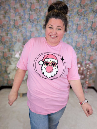 Bubblegum Santa Tee on Pink-6- Graphic Tops-Stacked - A Plus Size Boutique-Styled by Stacked - A Plus Size Women's Boutique in Lakeville, MN