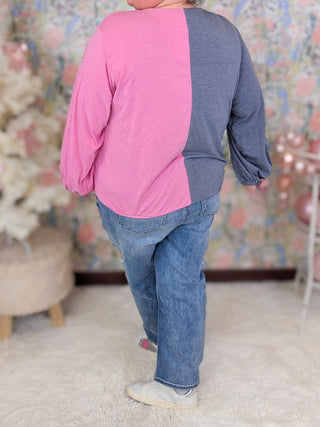 Aster Split Colorblock Surplice Top in Pink + Charcoal-2- Long Sleeve Tops-EMERALD-Styled by Stacked - A Plus Size Women's Boutique in Lakeville, MN