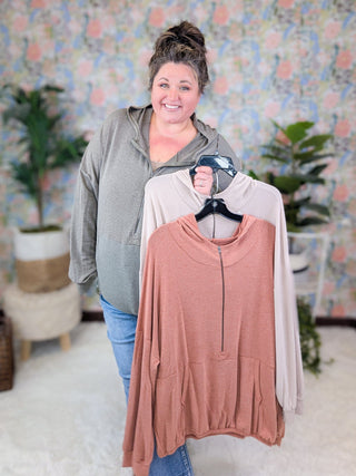 Janet Slouchy Half-Zip Lightweight Washed Hoodie (3 Colors)-2- Long Sleeve Tops-HAPTICS-Styled by Stacked - A Plus Size Women's Boutique in Lakeville, MN
