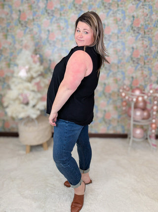 Nola Slitneck Collared Tank in Solid Black-1- ShortSlv/Slvless Tops-WHITE BIRCH-Styled by Stacked - A Plus Size Women's Boutique in Lakeville, MN