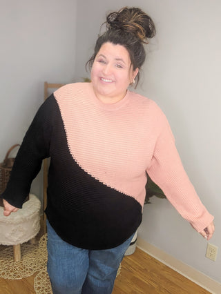 Asymmetrical Stripe Sweater in Black & Mauve