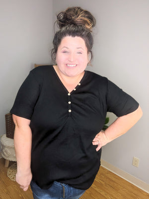 Winnie Waffle Button Front Top in Black