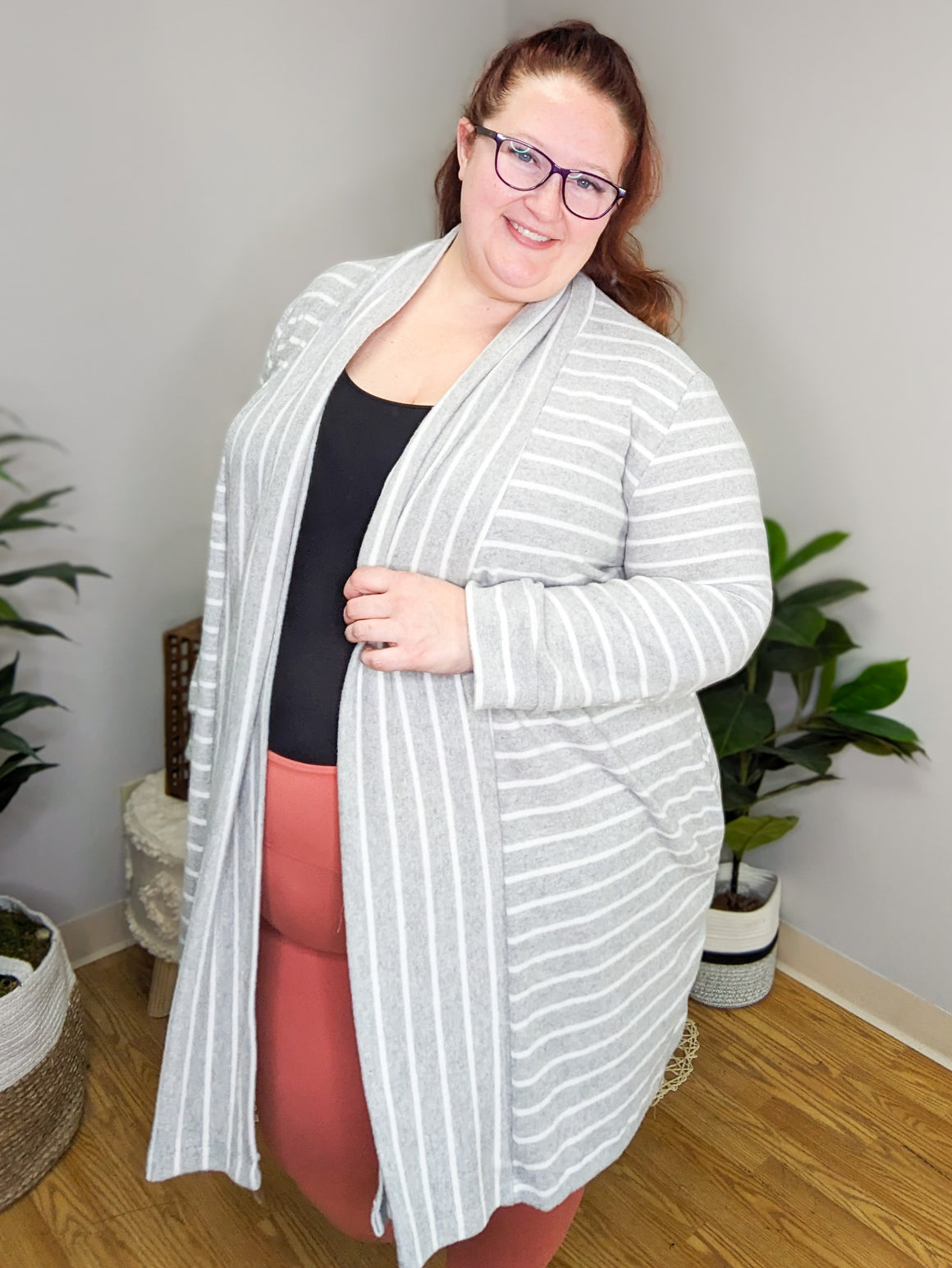 Giovanna Gray Striped Open Cardigan