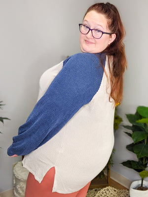Drew Taupe & Blue Corded Raglan Pullover