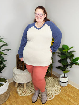 Drew Taupe & Blue Corded Raglan Pullover