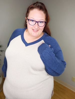 Drew Taupe & Blue Corded Raglan Pullover