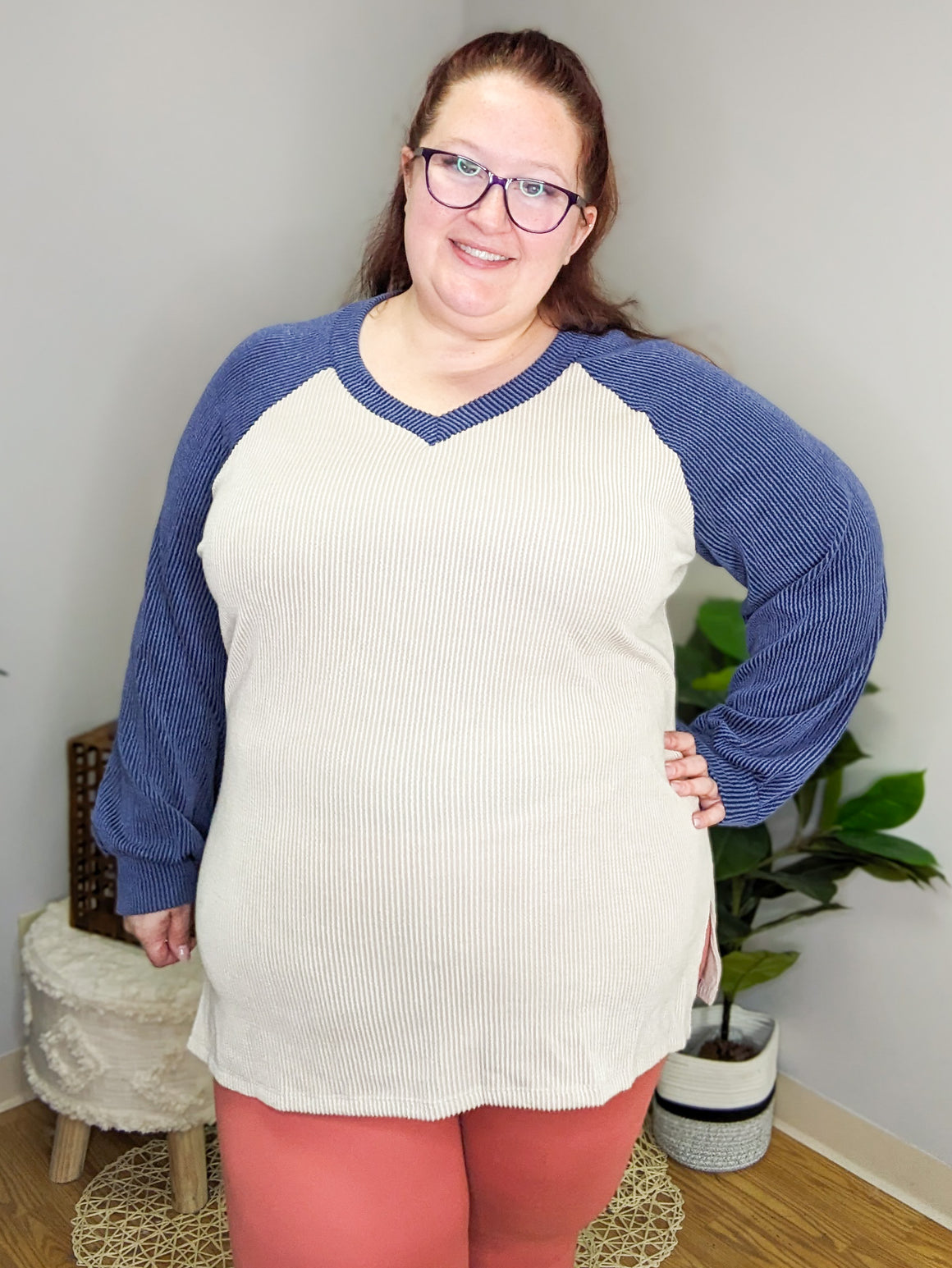 Drew Taupe & Blue Corded Raglan Pullover