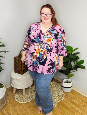 McKenna Dark Orchid Floral Kimono Sleeve Top