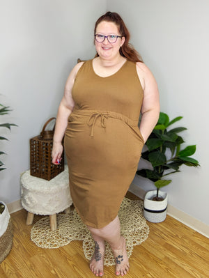 SALE- Drawstring Waist Curved Hem Midi Dress