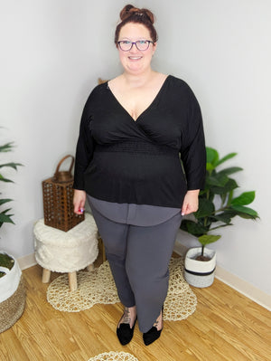 Heather Black Surplice Top w/V-back