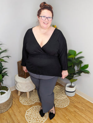 Heather Black Surplice Top w/V-back