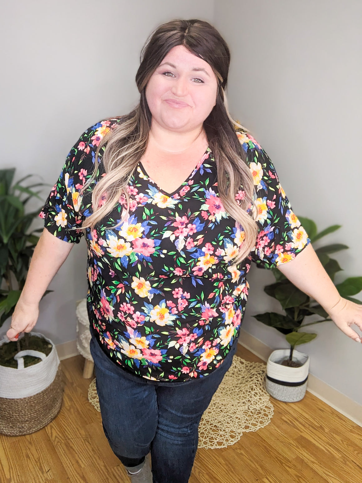 SALE- Brianna Black Blooms Dolman Short Sleeve Top