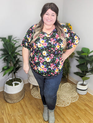 SALE- Brianna Black Blooms Dolman Short Sleeve Top