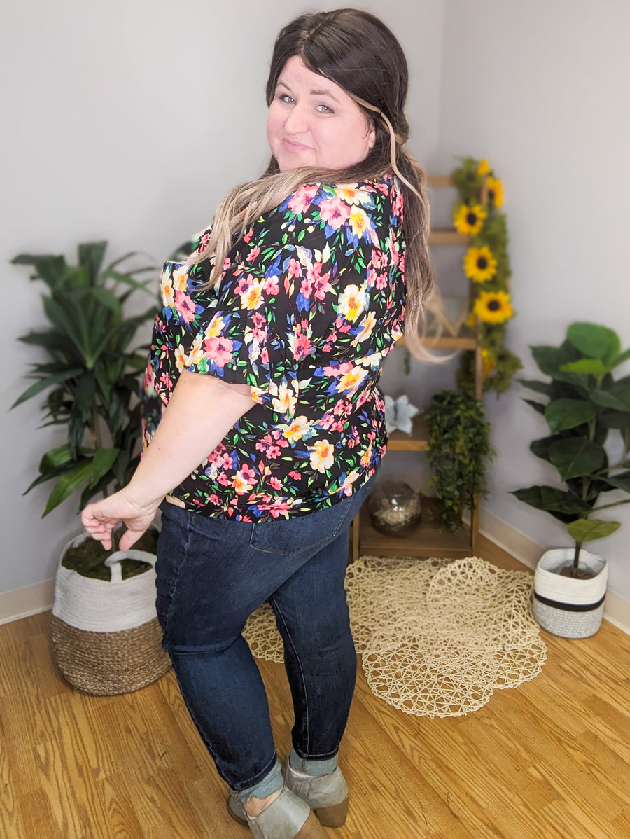 SALE- Brianna Black Blooms Dolman Short Sleeve Top