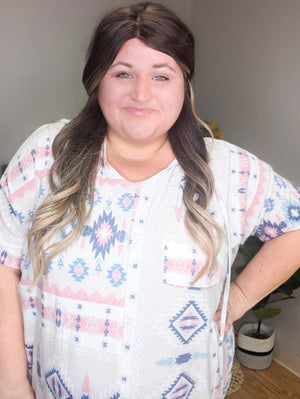 Aria Aztec Colorful Short Sleeve Hooded Top