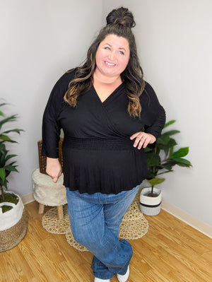 Heather Black Surplice Top w/V-back