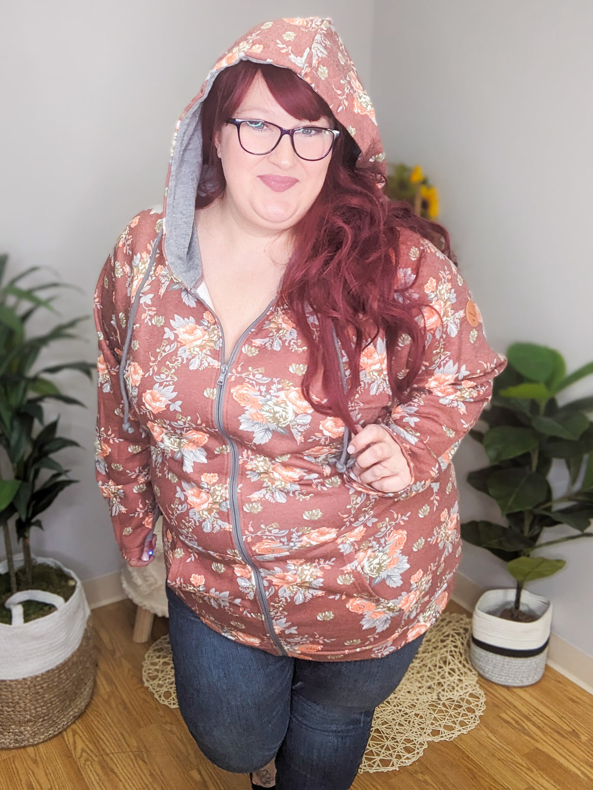 PHC- Rust Floral French Terry Fullzip Hoodie