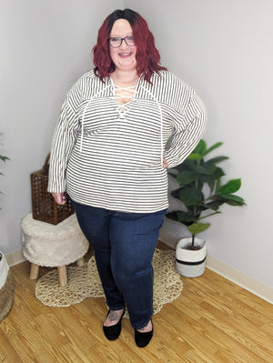 Lilly LaceUp Front Sweater in Ivory & Black Stripes