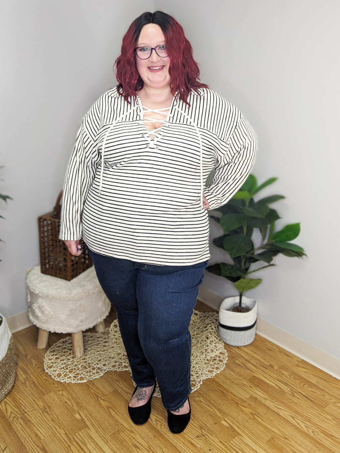 Lilly LaceUp Front Sweater in Ivory & Black Stripes