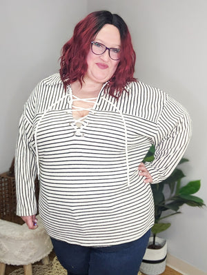 Lilly LaceUp Front Sweater in Ivory & Black Stripes