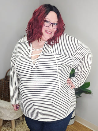 Lilly LaceUp Front Sweater in Ivory & Black Stripes