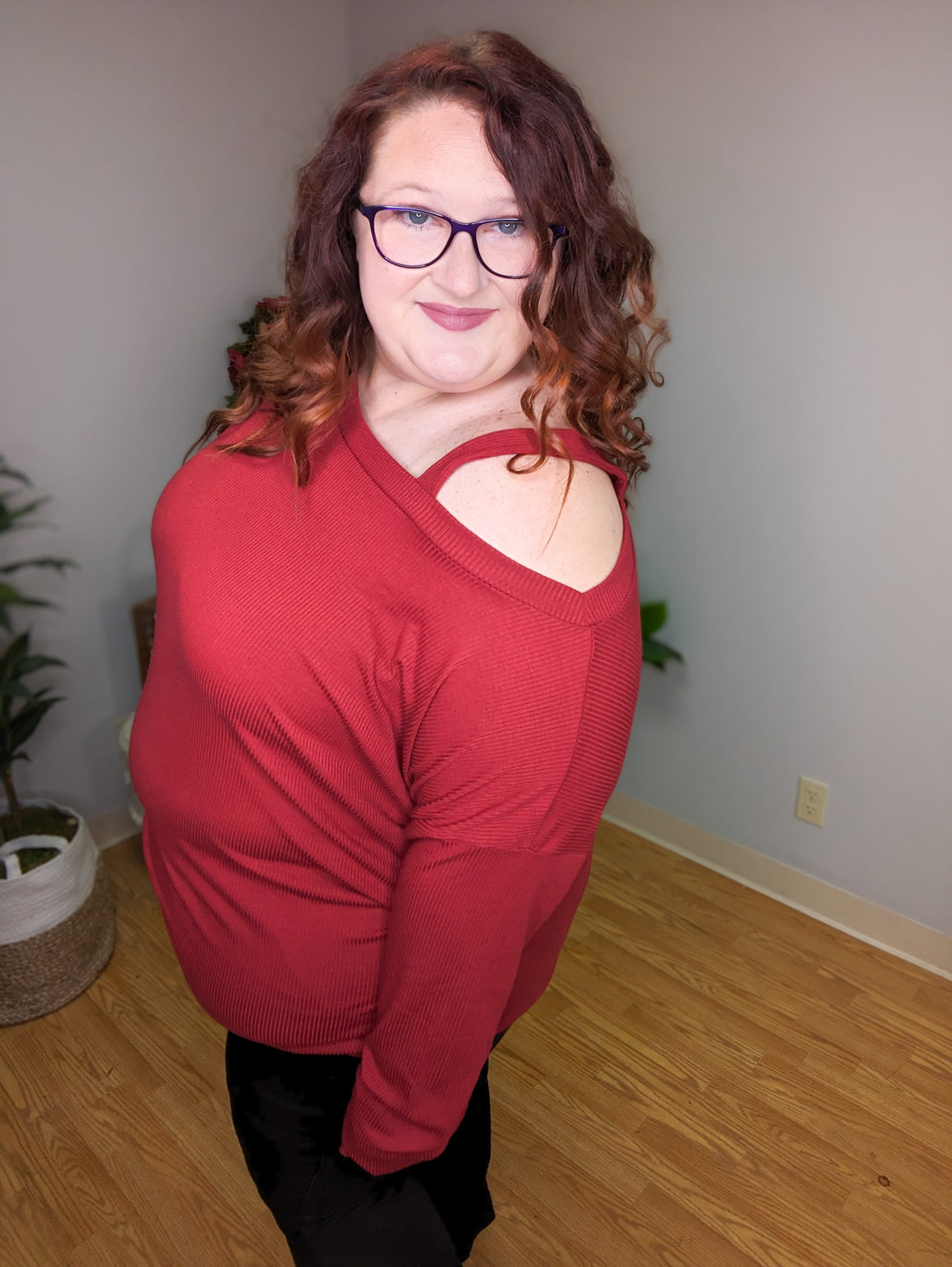 Sheela Cranberry Ribbed Cutout Top