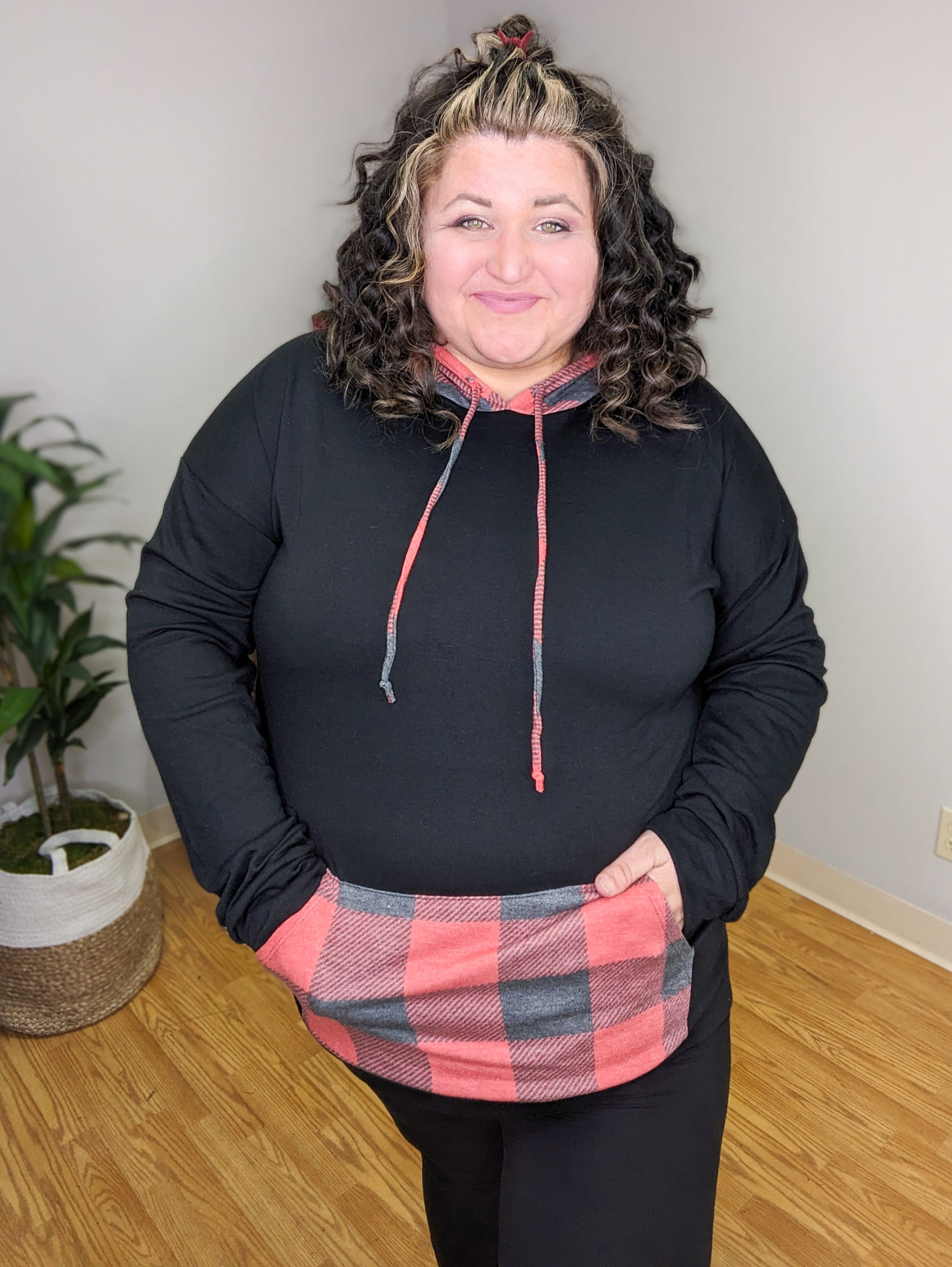 Kris Black Hoodie w/Buffalo Plaid Accents