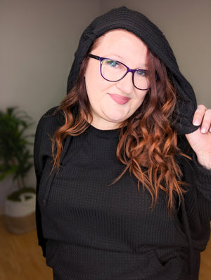 Darcy Hooded  Waffle-Knit Pullover in Black