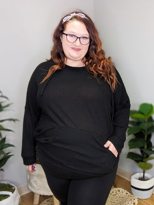 Darcy Hooded  Waffle-Knit Pullover in Black