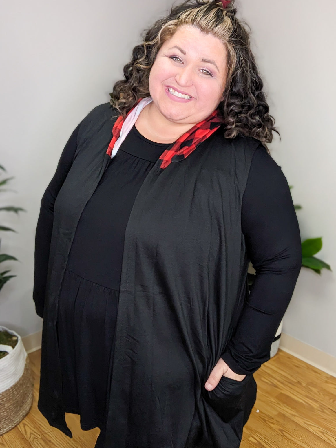 Hazel Hooded Plaid Vest in Black & Buffalo Plaid