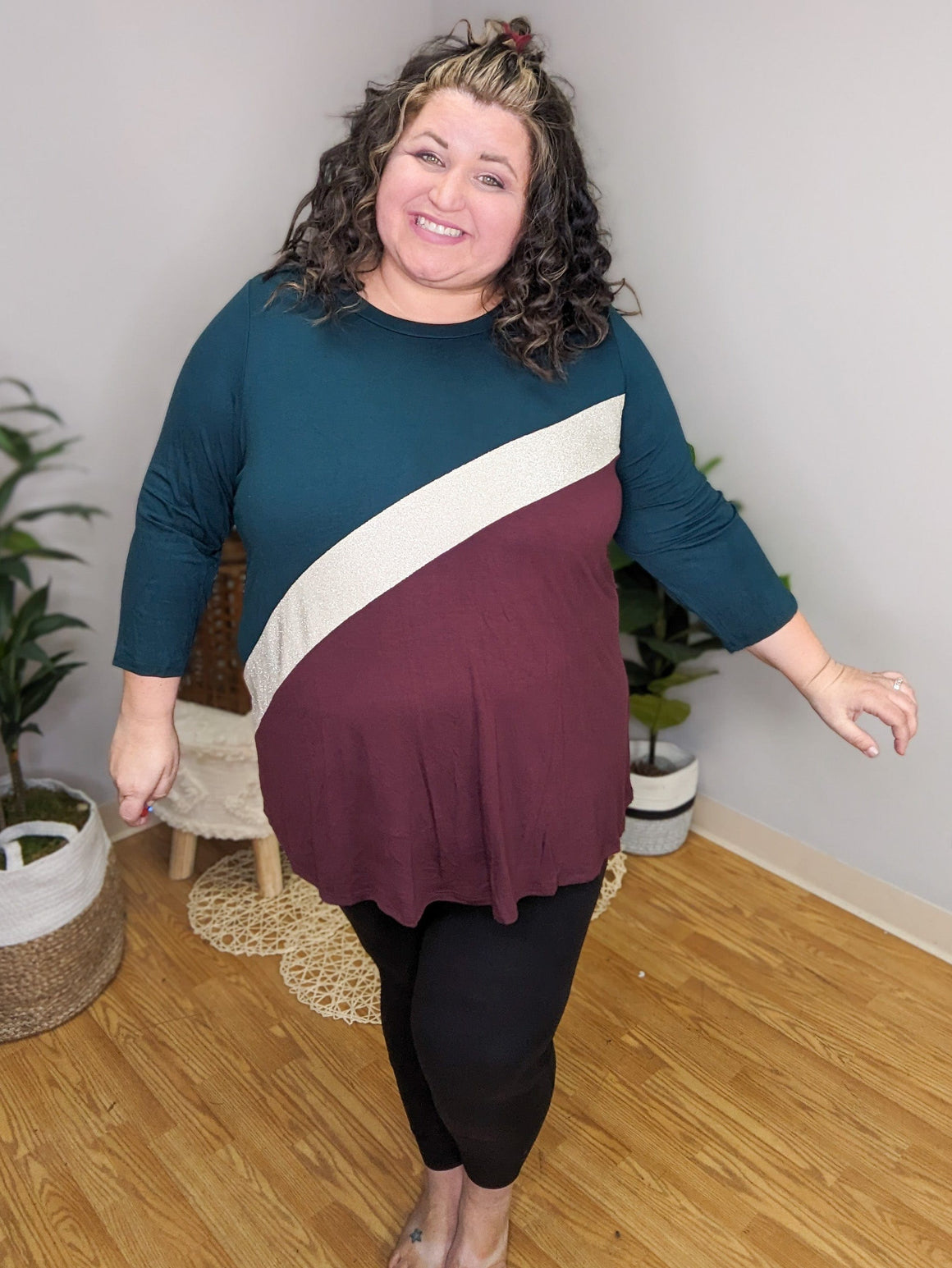 Breanna Asymmetrical Block Top in Plum Berry & Evergreen