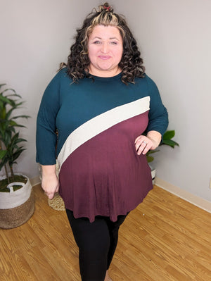Breanna Asymmetrical Block Top in Plum Berry & Evergreen