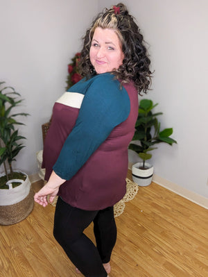 Breanna Asymmetrical Block Top in Plum Berry & Evergreen