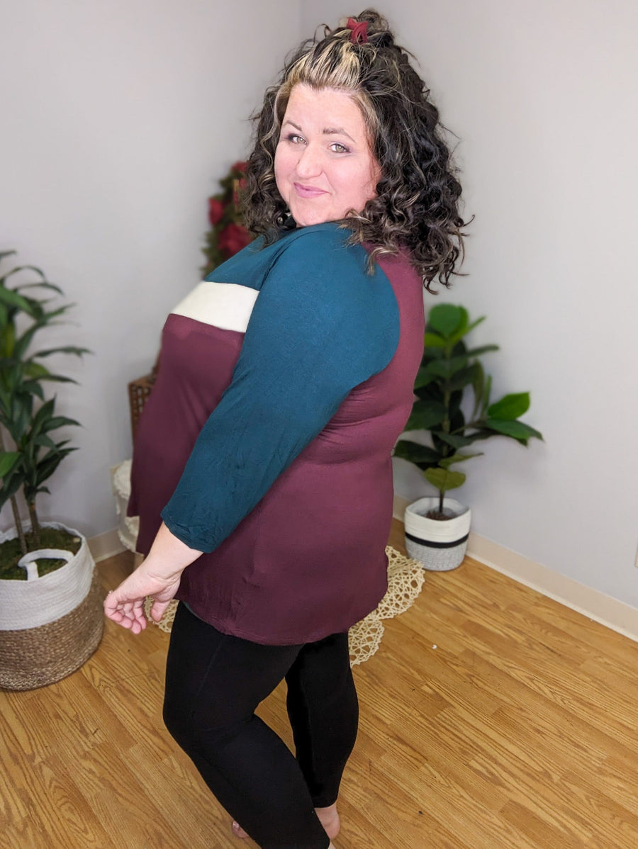 Breanna Asymmetrical Block Top in Plum Berry & Evergreen