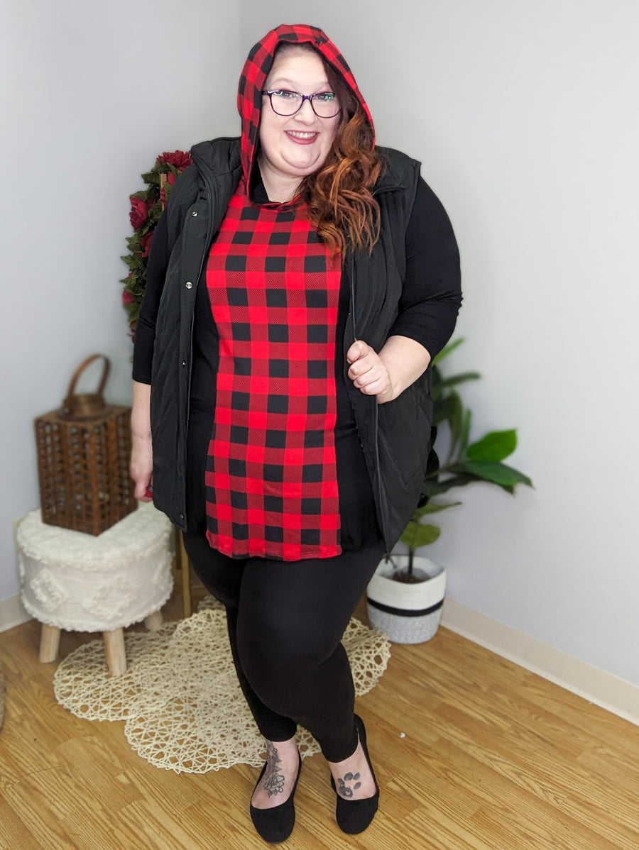 Jana Buffalo Plaid Center Block Hooded Top