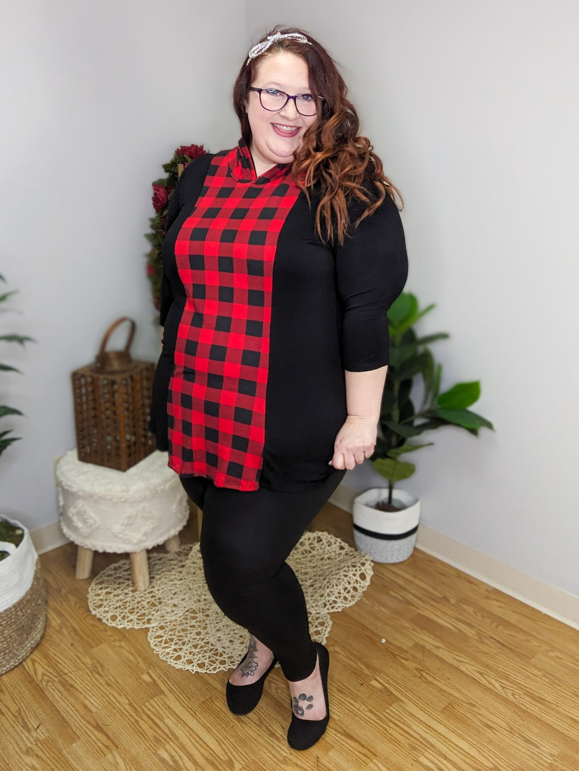 Jana Buffalo Plaid Center Block Hooded Top