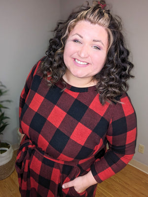 London Windowpane Plaid Dress in Red & Black
