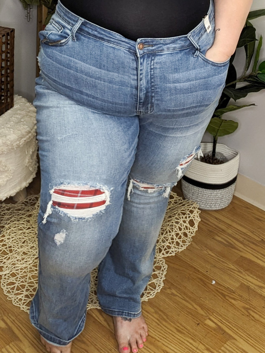 Judy Blue Plaid Patch Bootcuts