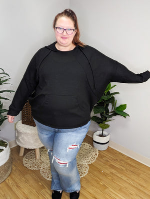 Darcy Hooded  Waffle-Knit Pullover in Black