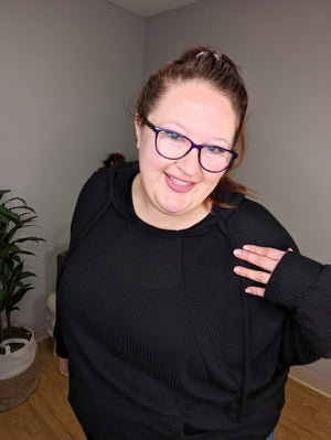 Darcy Hooded  Waffle-Knit Pullover in Black