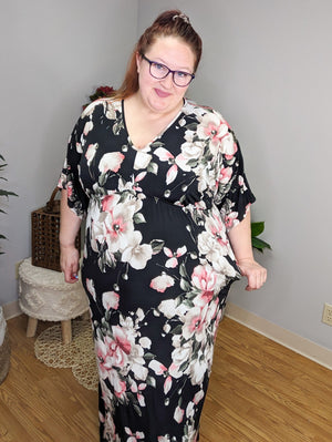 Kassidy Kimono Cut Black Floral Maxi Dress