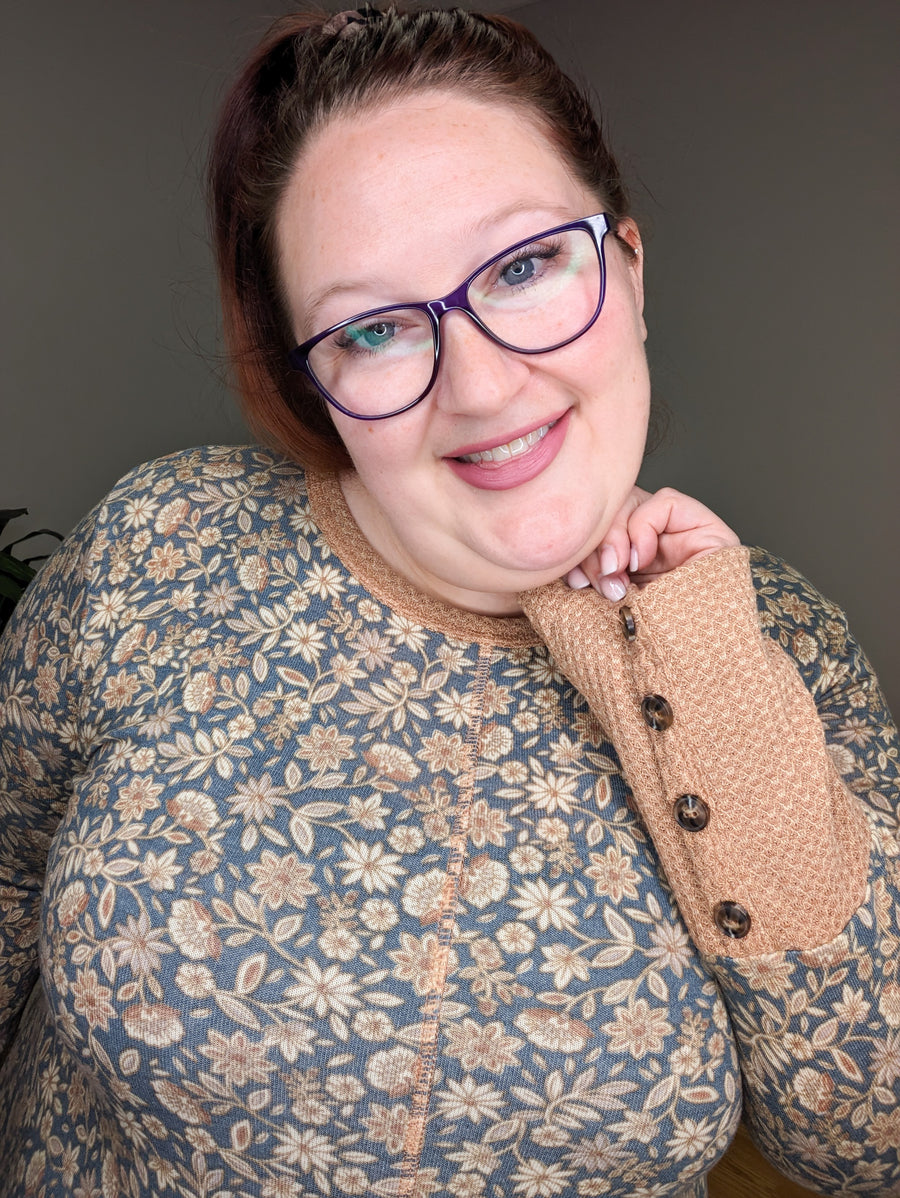 Morgan Fall Floral Button Detail Top in Faded Navy-Teal