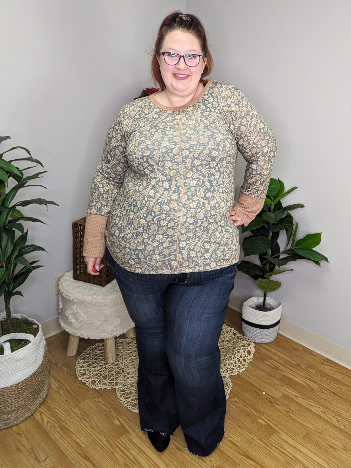 Morgan Fall Floral Button Detail Top in Faded Navy-Teal