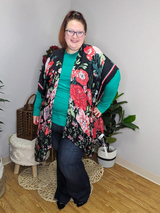 $0 Down Preorder: Mariana Garden Floral Kimono in Red + Black-4- Overlayer Tops-urbanista-Styled by Stacked - A Plus Size Women's Boutique in Lakeville, MN