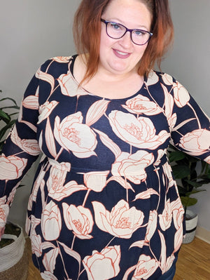 Bailey Babydoll HandDrawn Floral Top in Navy