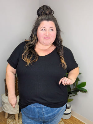 Rory Ribbed High Low Dolman Tee in Black